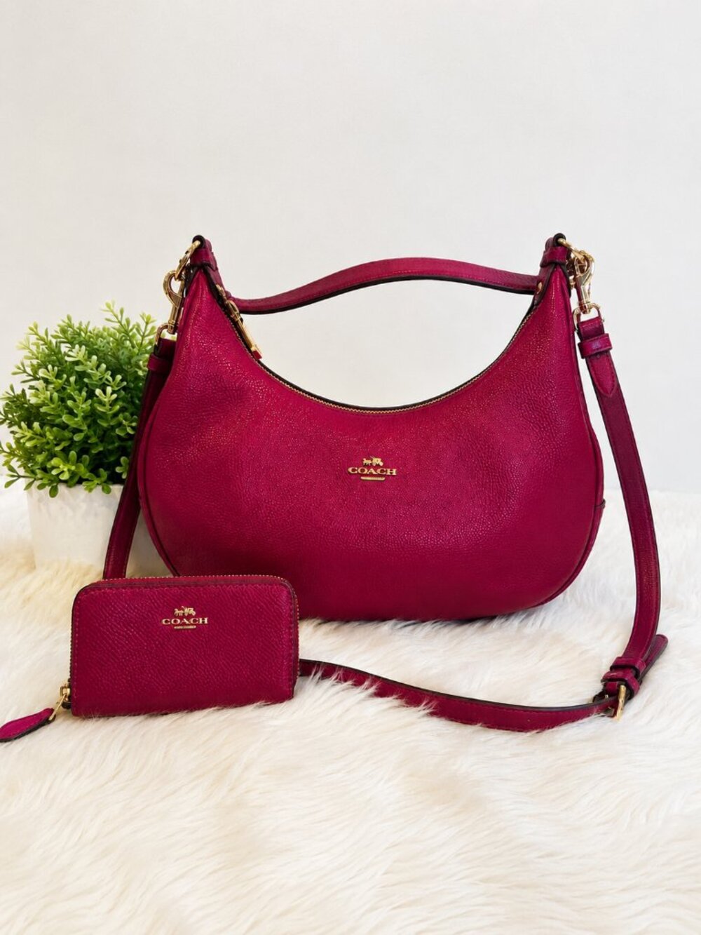 ✨Coach Dark Magenta Pebbled Leather Shoulder Bag + Matching Wallet  ✨